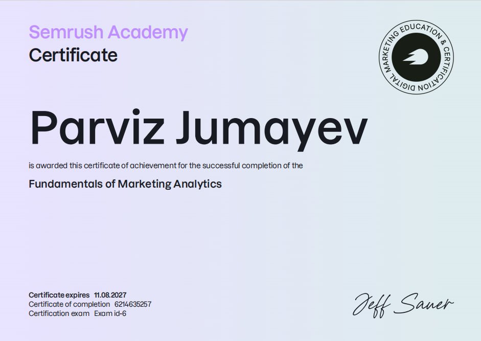Semrush Academy Fundamentals of Marketing Analytics sertifikati